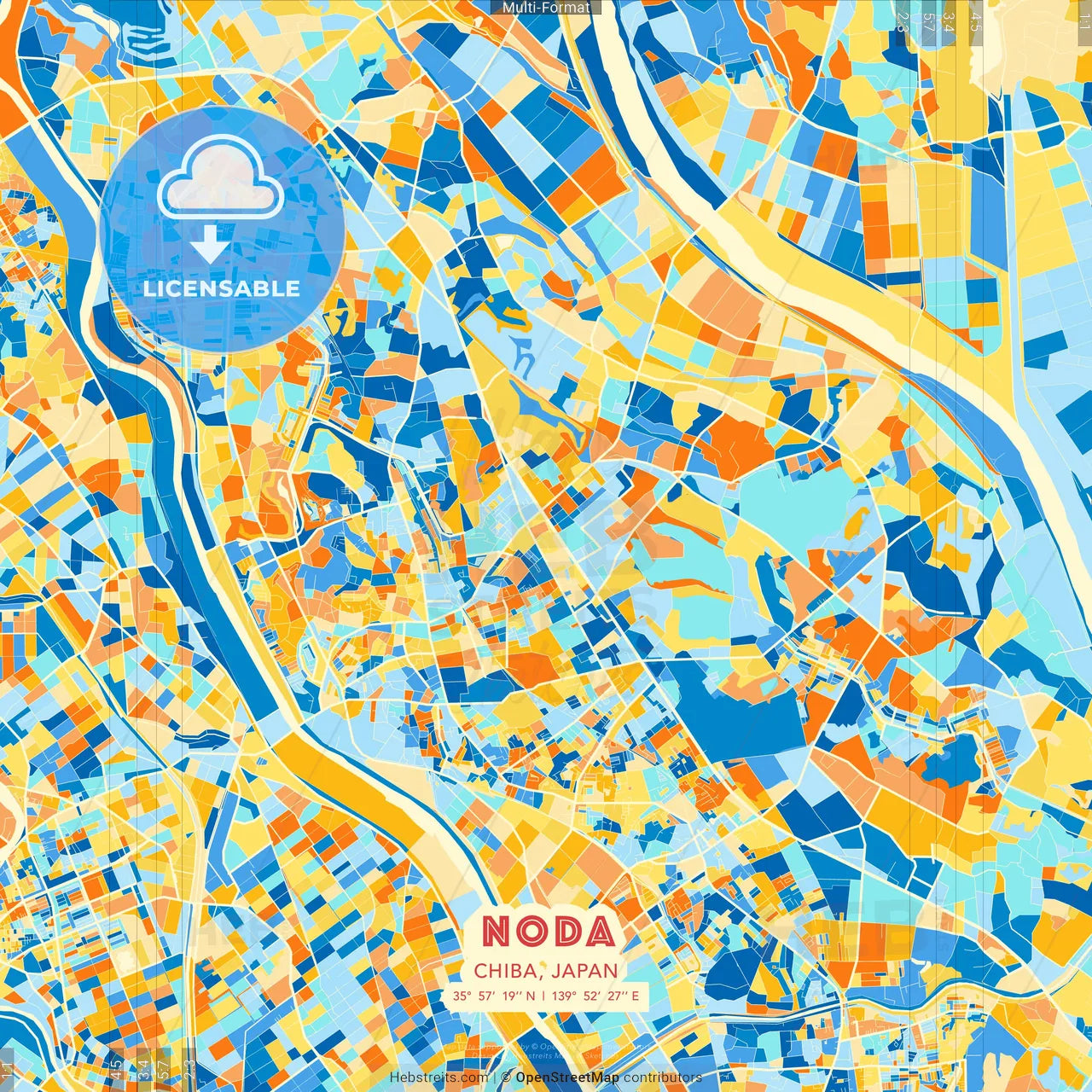 Noda, Chiba, Japan blue and orange vector art map template