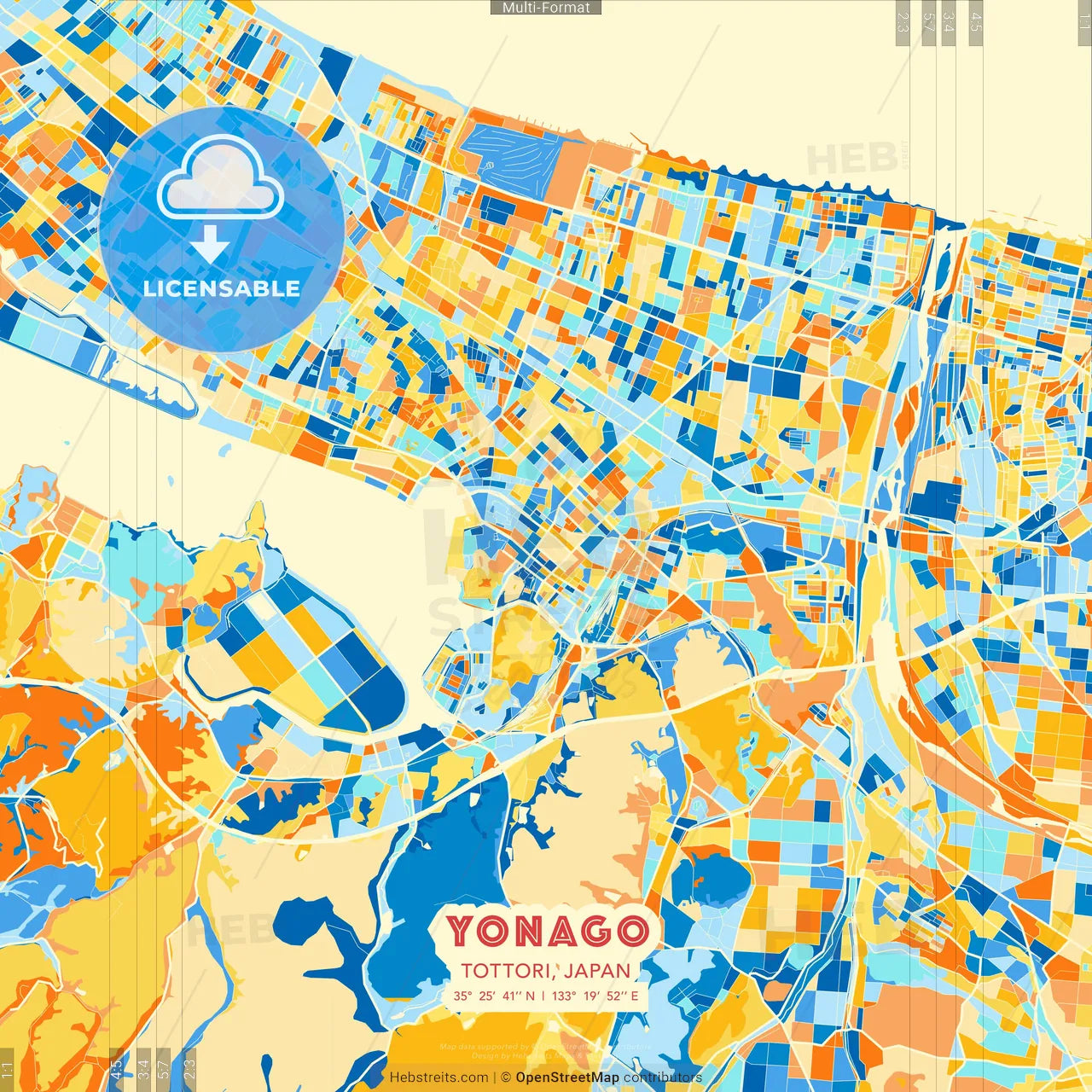Yonago, Tottori, Japan blue and orange vector art map template