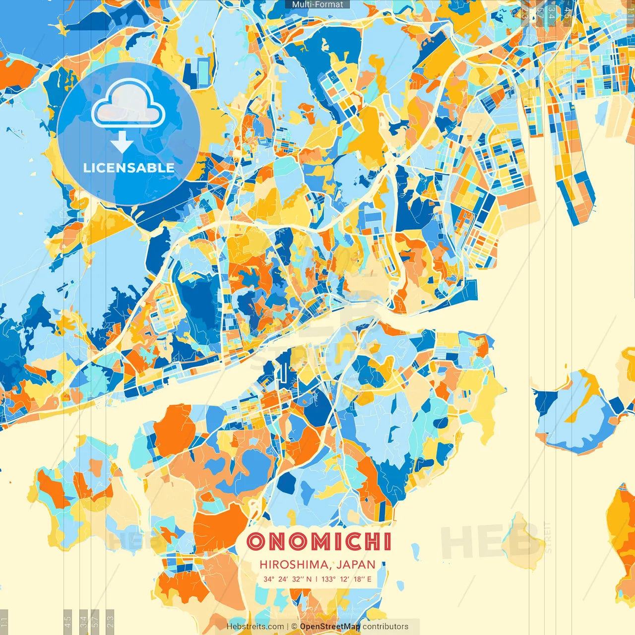 Onomichi, Hiroshima, Japan blue and orange vector art map template