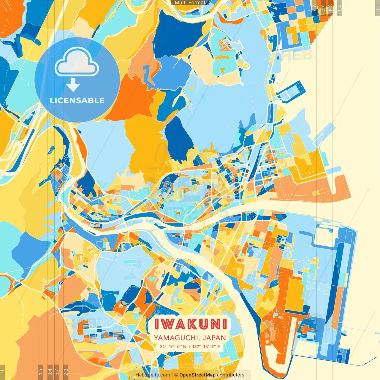 Iwakuni, Yamaguchi, Japan blue and orange vector art map template