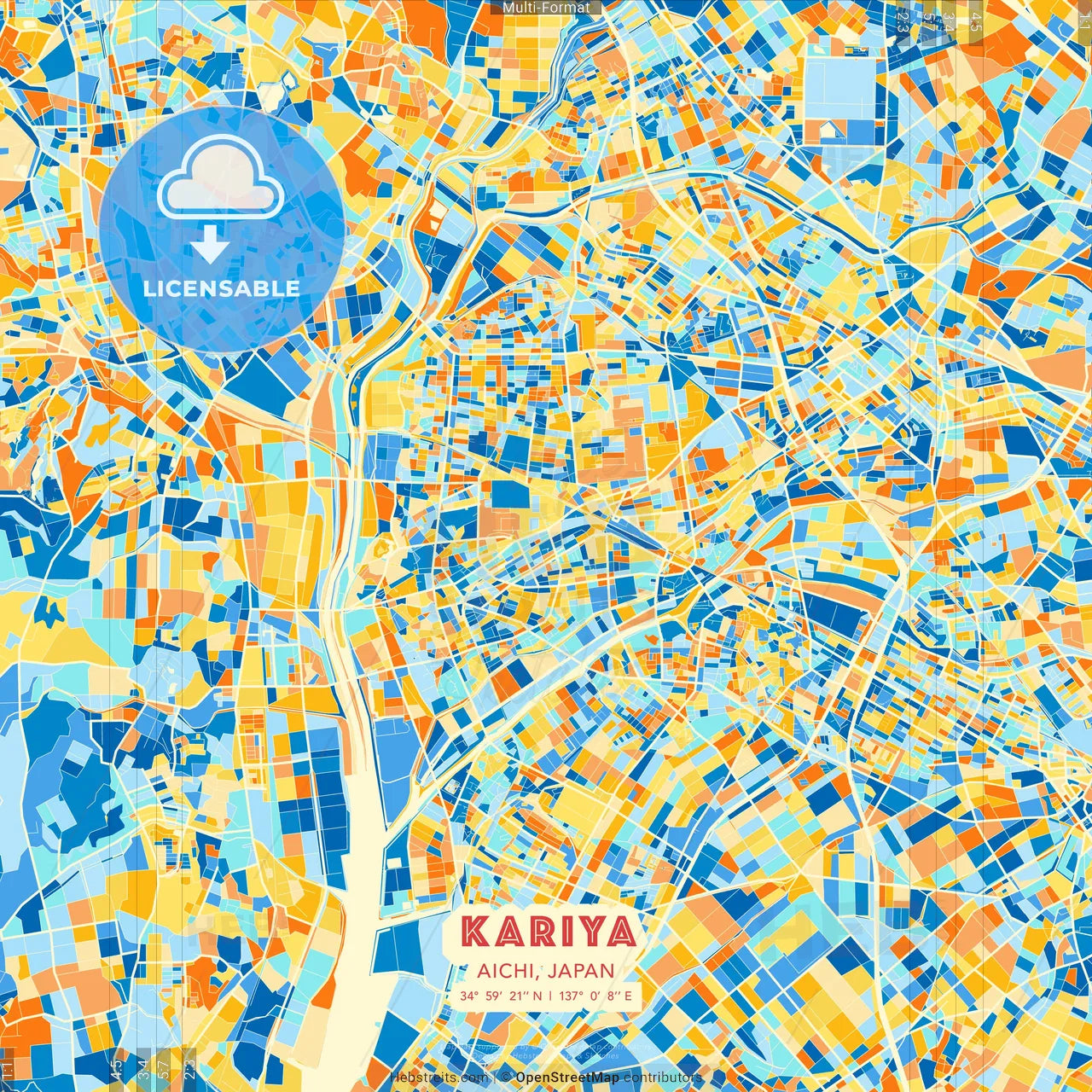 Kariya, Aichi, Japan blue and orange vector art map template