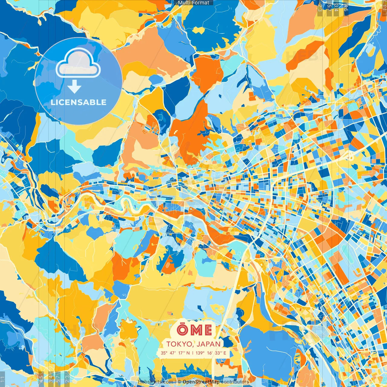 Ōme, Tokyo, Japan blue and orange vector art map template