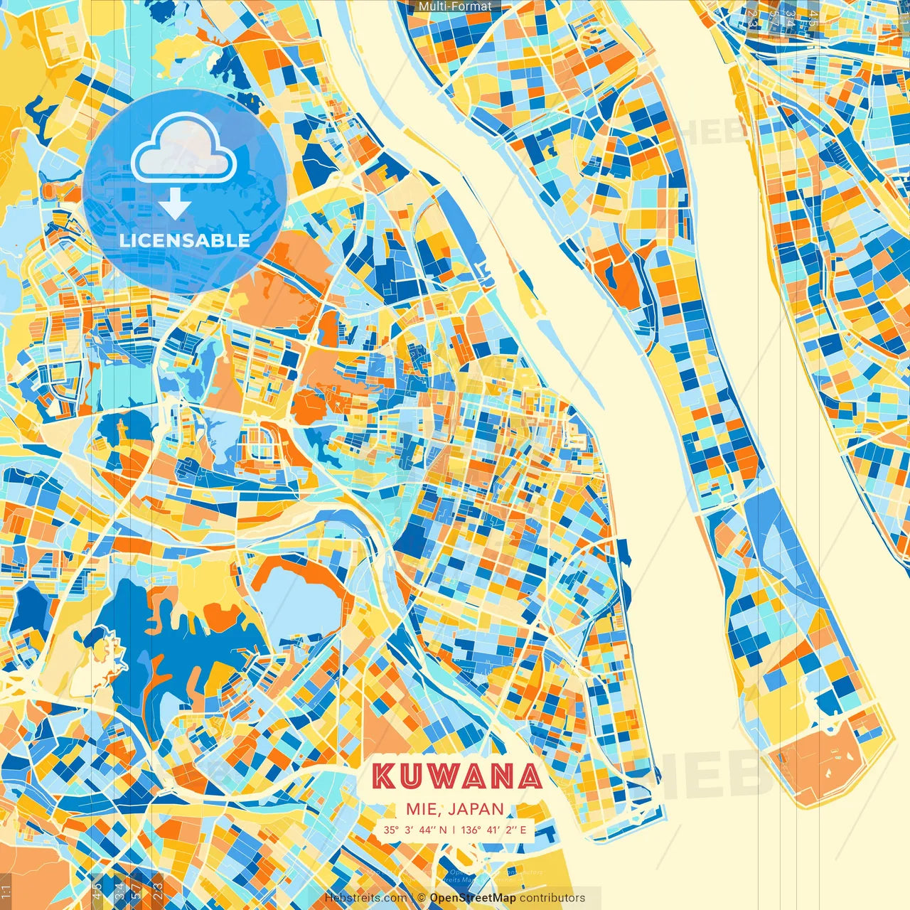 Kuwana, Mie, Japan blue and orange vector art map template
