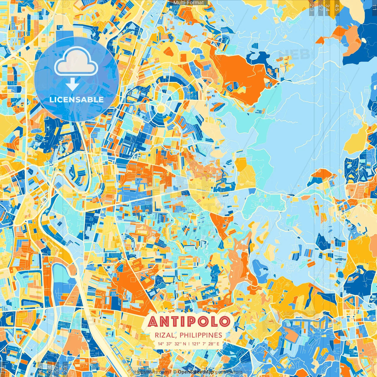 Antipolo, Rizal, Philippines blue and orange vector art map template