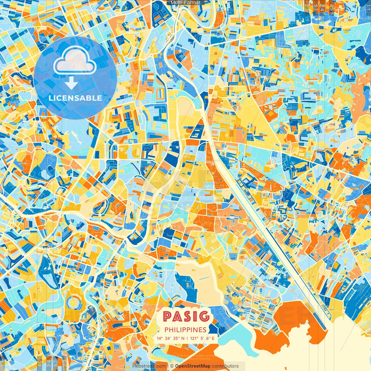 Pasig, Philippines blue and orange vector art map template
