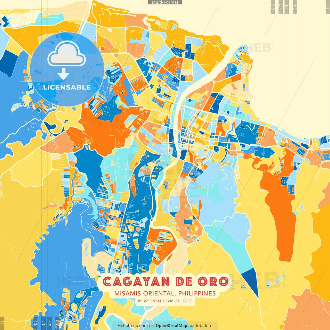 Cagayan de Oro, Misamis Oriental, Philippines blue and orange vector art map template