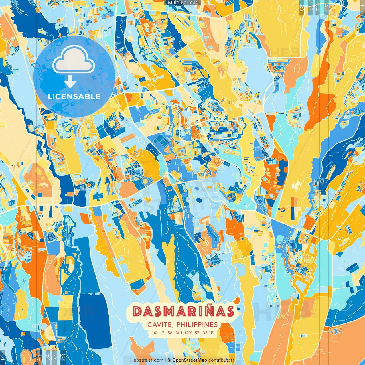 Dasmariñas, Cavite, Philippines blue and orange vector art map template