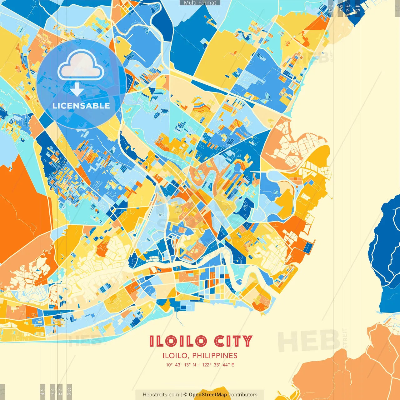 Iloilo City, Iloilo, Philippines blue and orange vector art map template