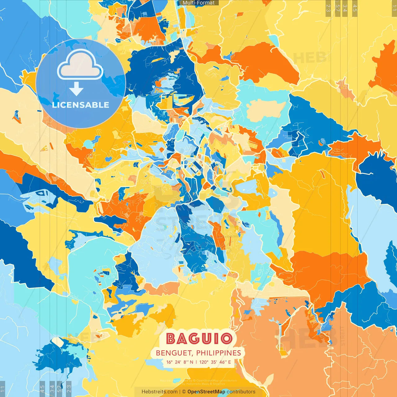 Baguio, Benguet, Philippines blue and orange vector art map template