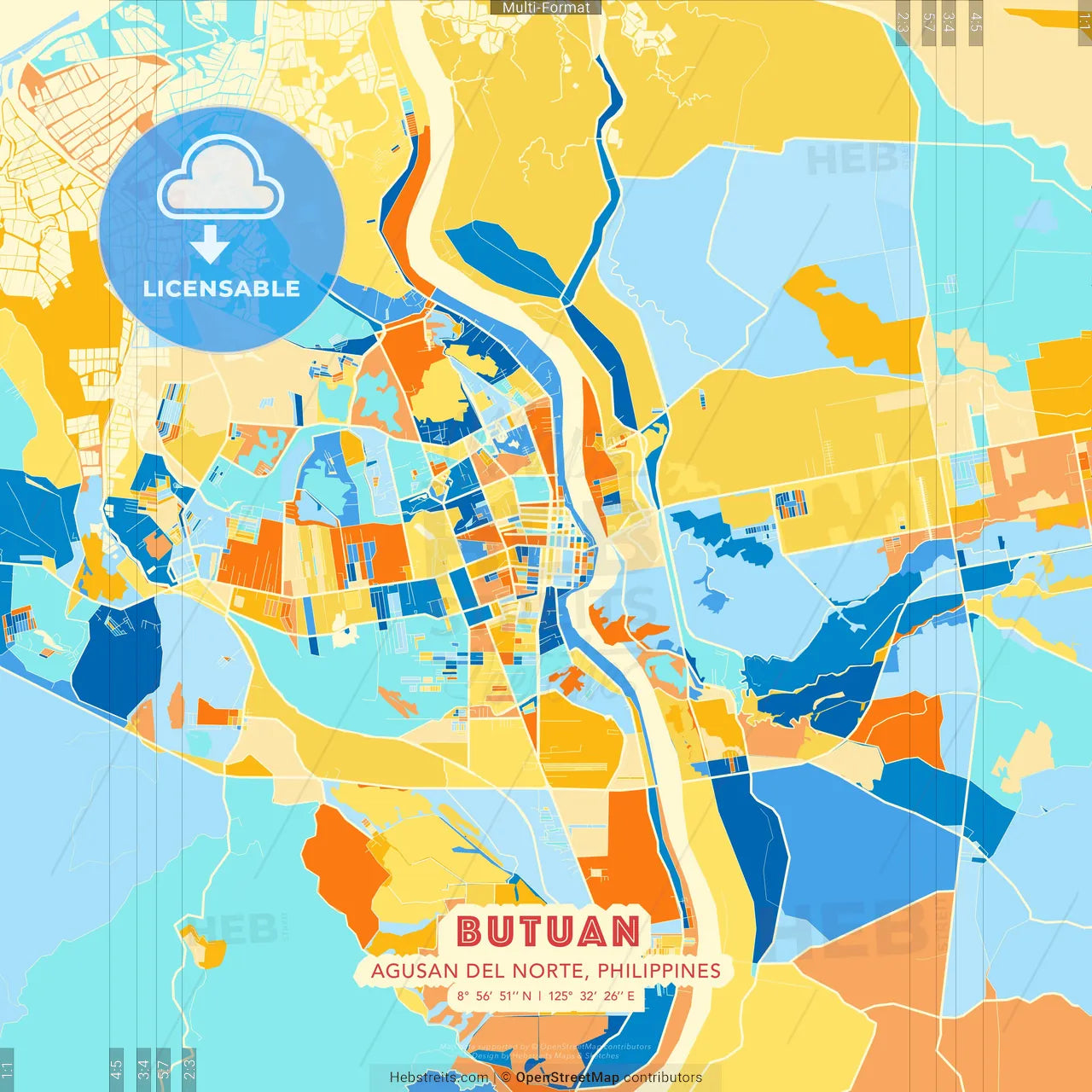 Butuan, Agusan del Norte, Philippines blue and orange vector art map template