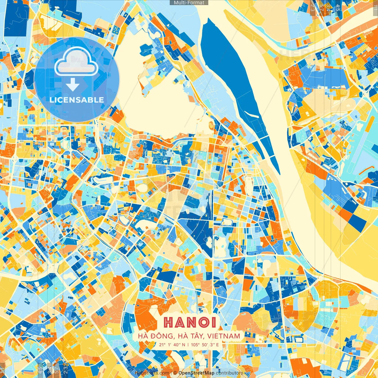 Hanoi, Hà Đông, Hà Tây, Vietnam blue and orange vector art map template