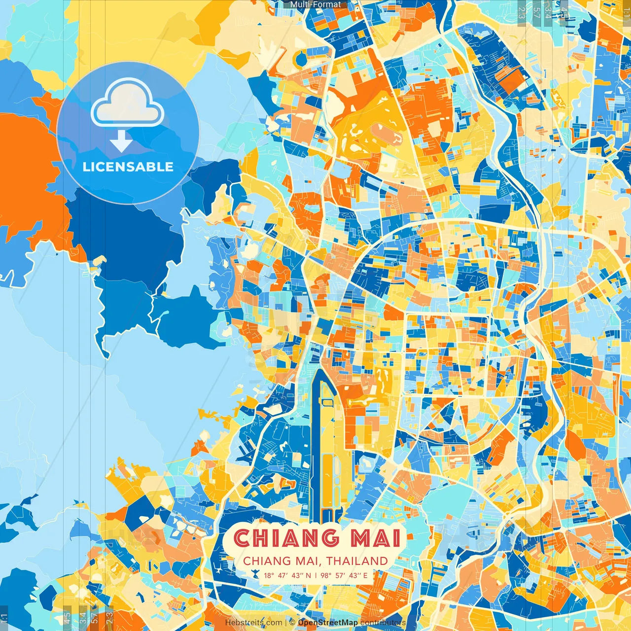 Chiang Mai, Chiang Mai, Thailand blue and orange vector art map template