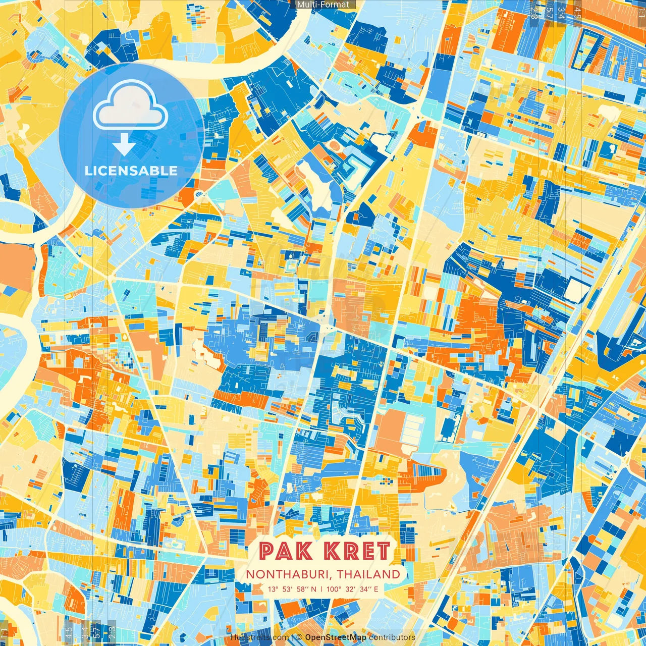 Pak Kret, Nonthaburi, Thailand blue and orange vector art map template