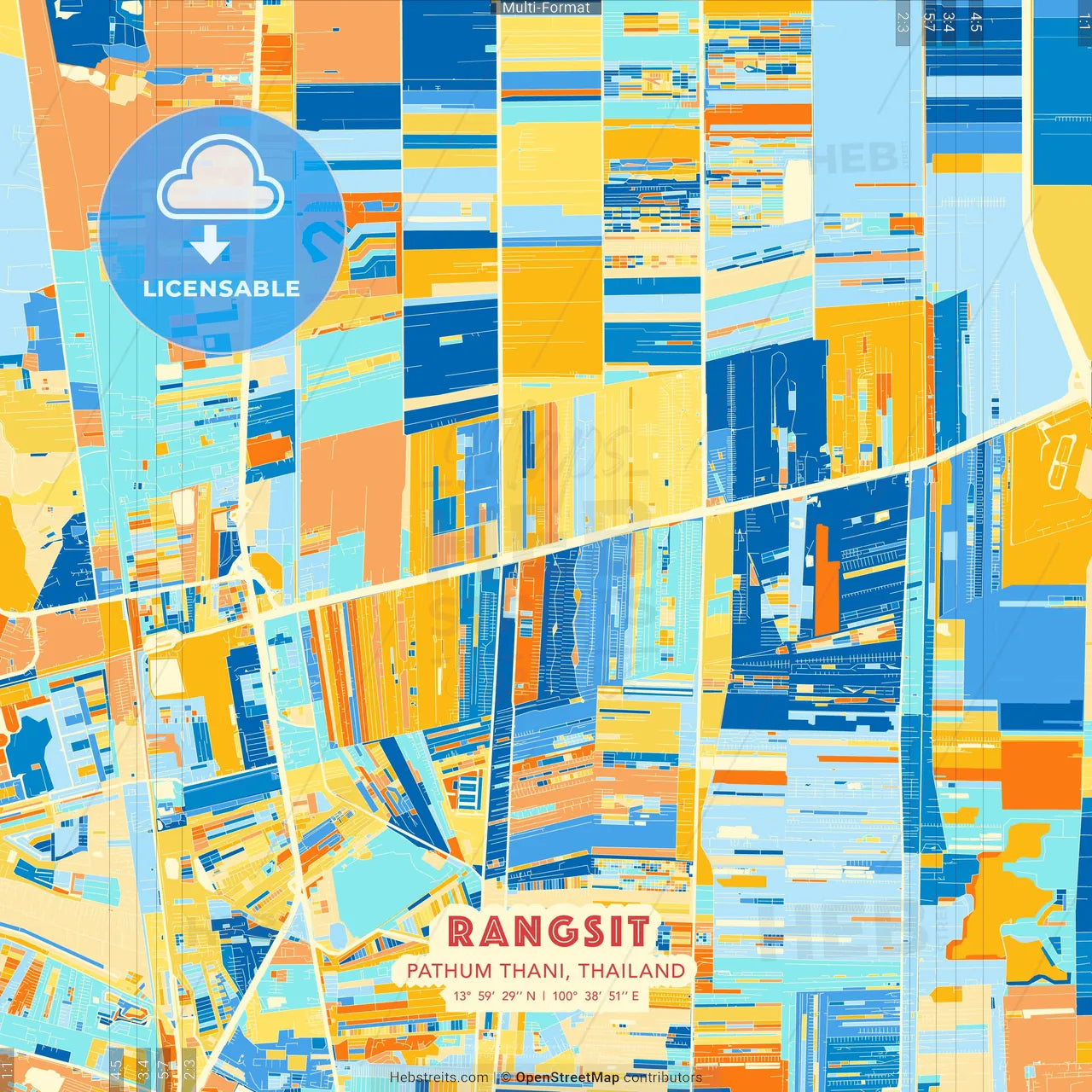 Rangsit, Pathum Thani, Thailand blue and orange vector art map template