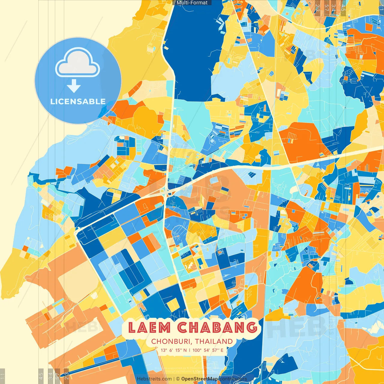 Laem Chabang, Chonburi, Thailand blue and orange vector art map template