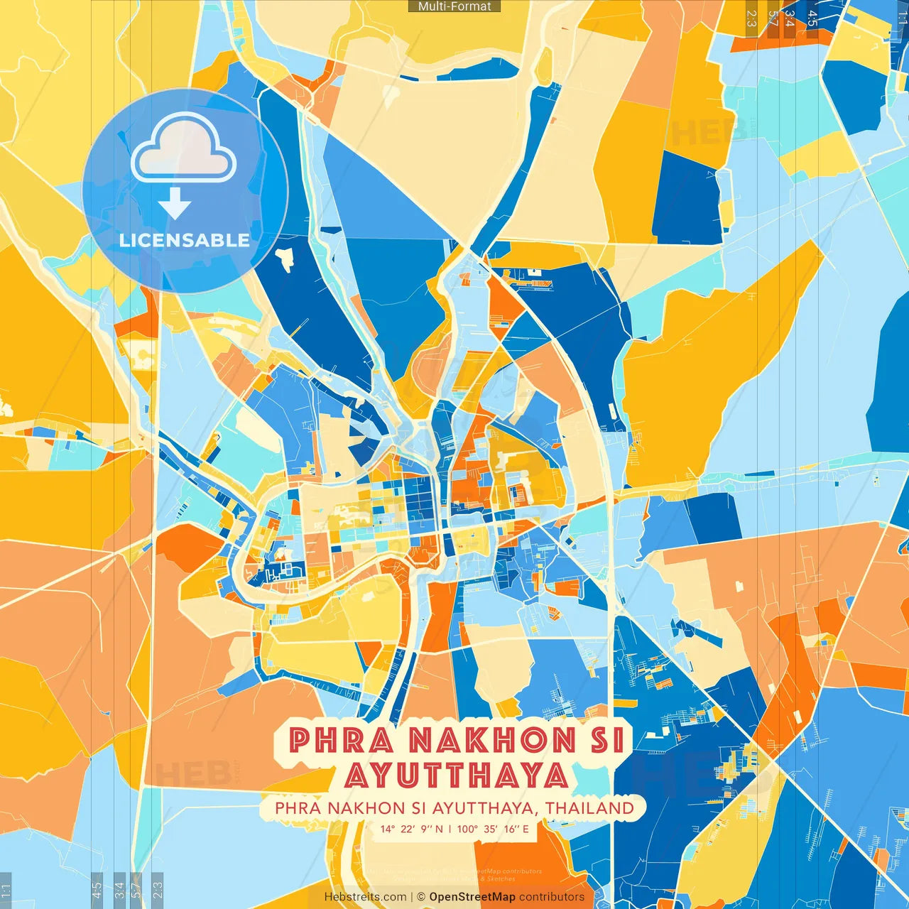 Phra Nakhon Si Ayutthaya, Phra Nakhon Si Ayutthaya, Thailand blue and orange vector art map template