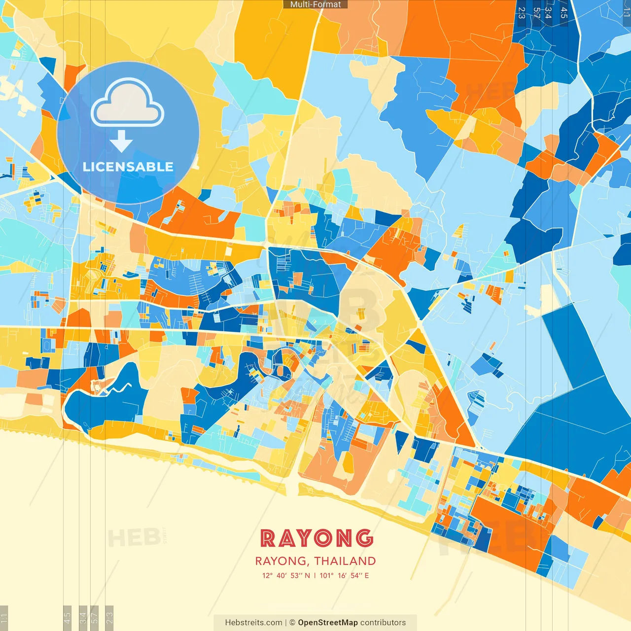 Rayong, Rayong, Thailand blue and orange vector art map template