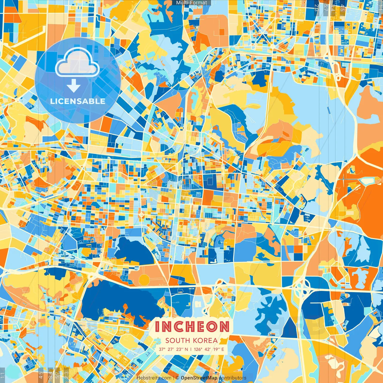 Incheon, South Korea blue and orange vector art map template