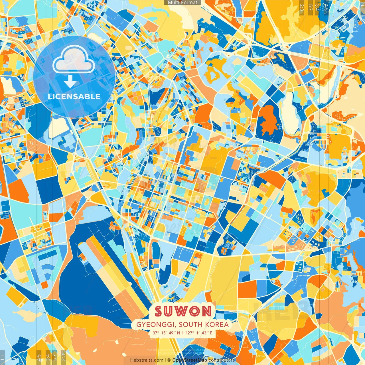 Suwon, Gyeonggi, South Korea blue and orange vector art map template