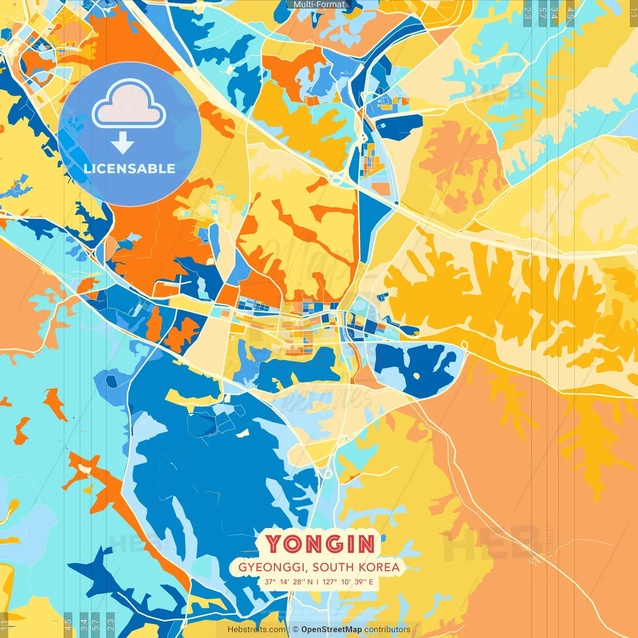 Yongin, Gyeonggi, South Korea blue and orange vector art map template