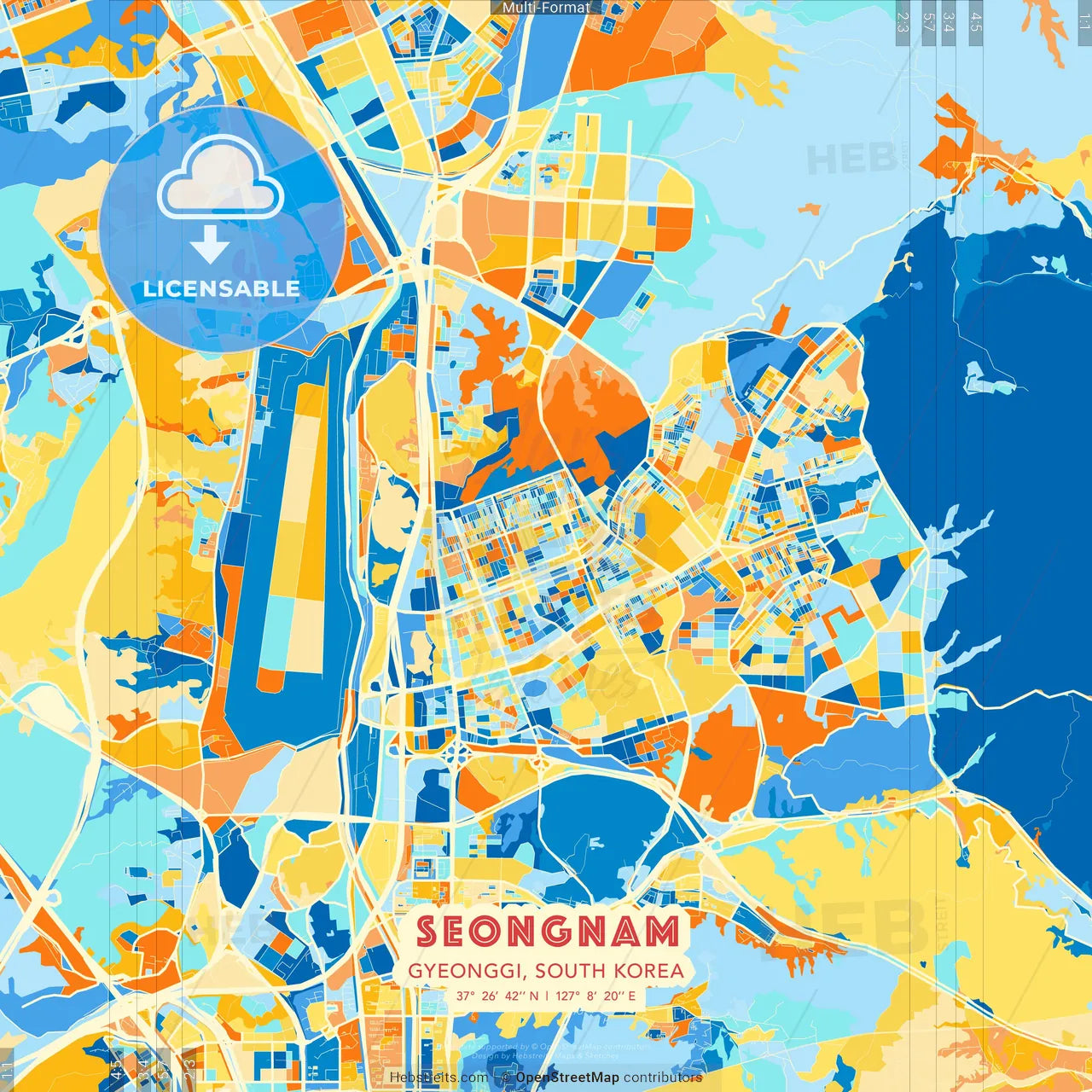 Seongnam, Gyeonggi, South Korea blue and orange vector art map template