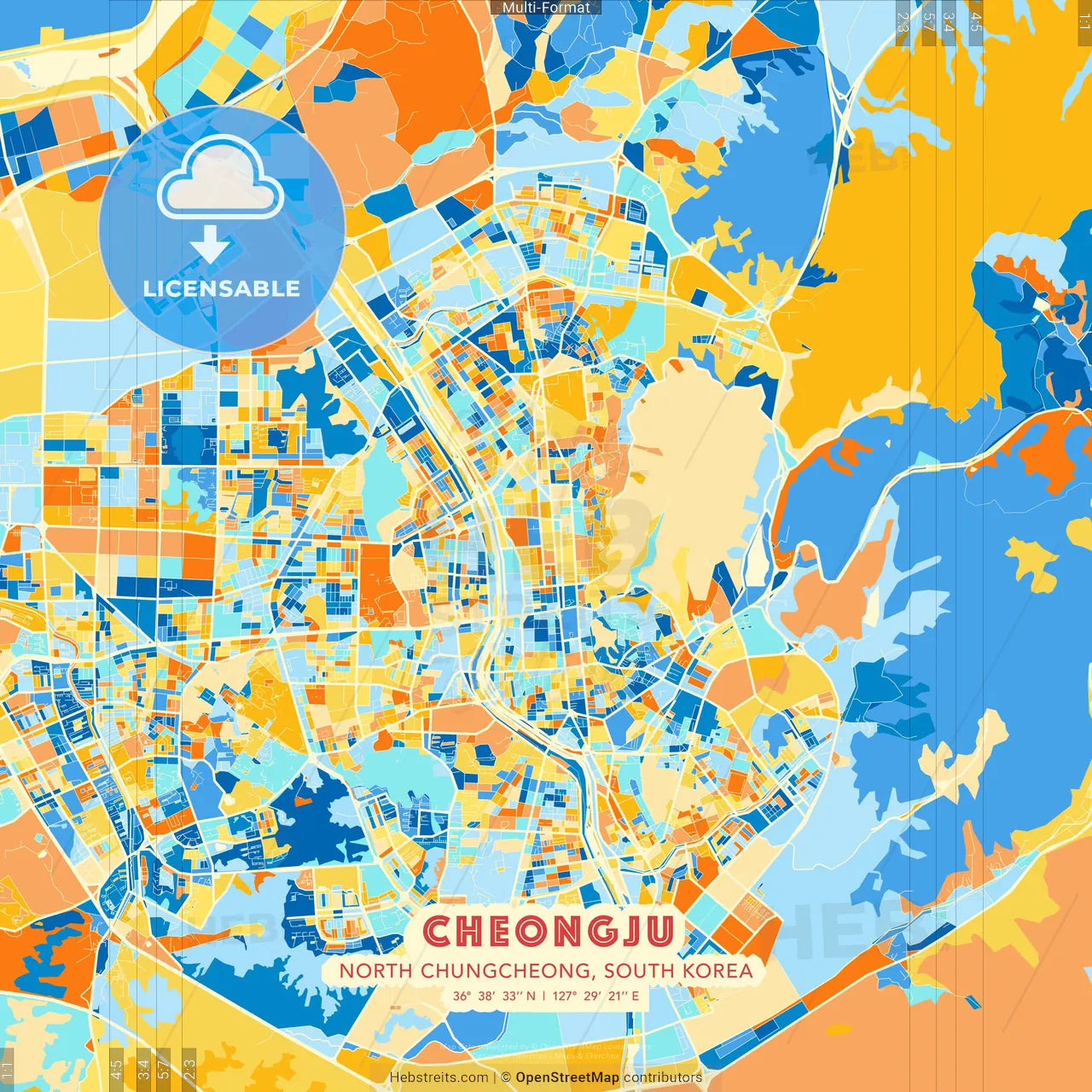 Cheongju, North Chungcheong, South Korea blue and orange vector art map template