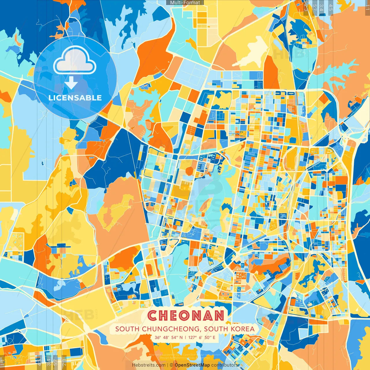 Cheonan, South Chungcheong, South Korea blue and orange vector art map template