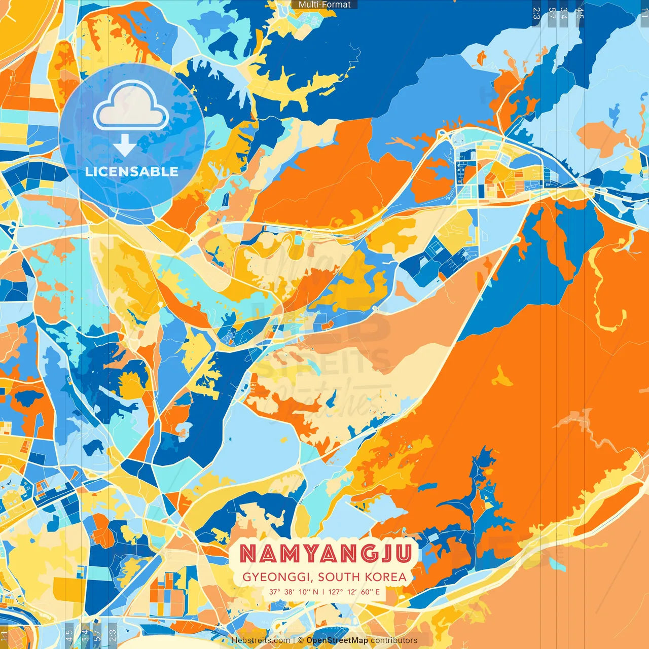 Namyangju, Gyeonggi, South Korea blue and orange vector art map template