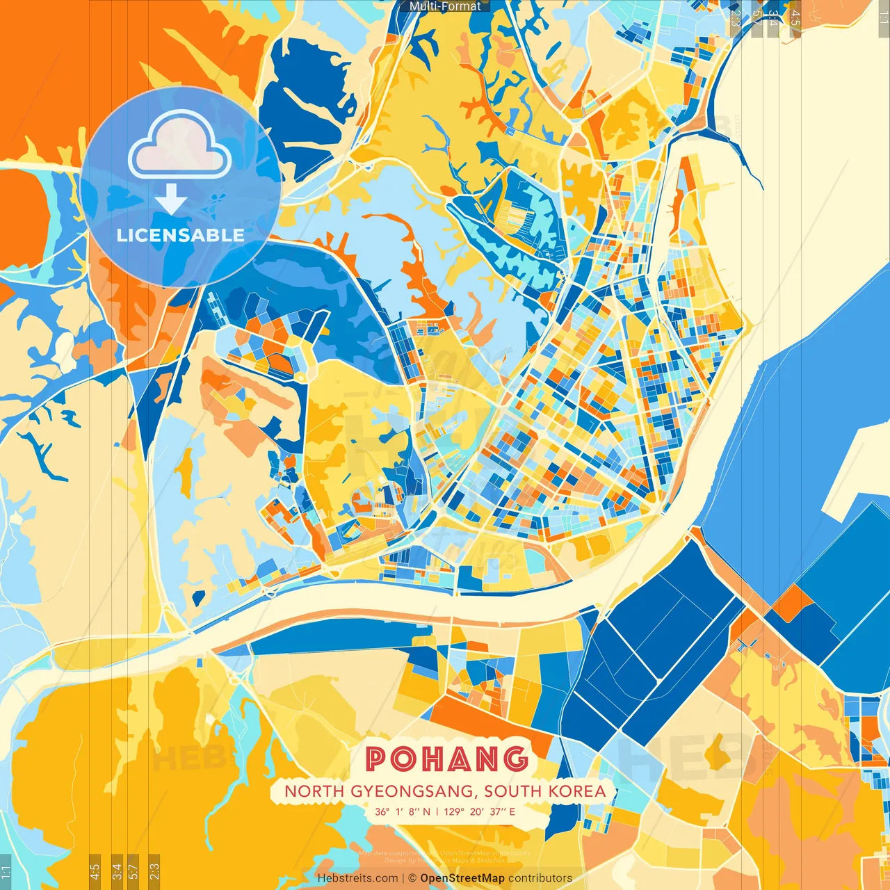 Pohang, North Gyeongsang, South Korea blue and orange vector art map template