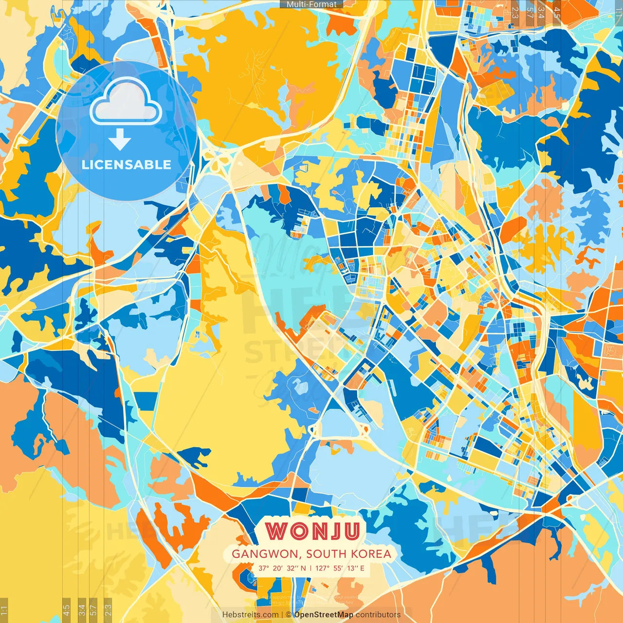 Wonju, Gangwon, South Korea blue and orange vector art map template
