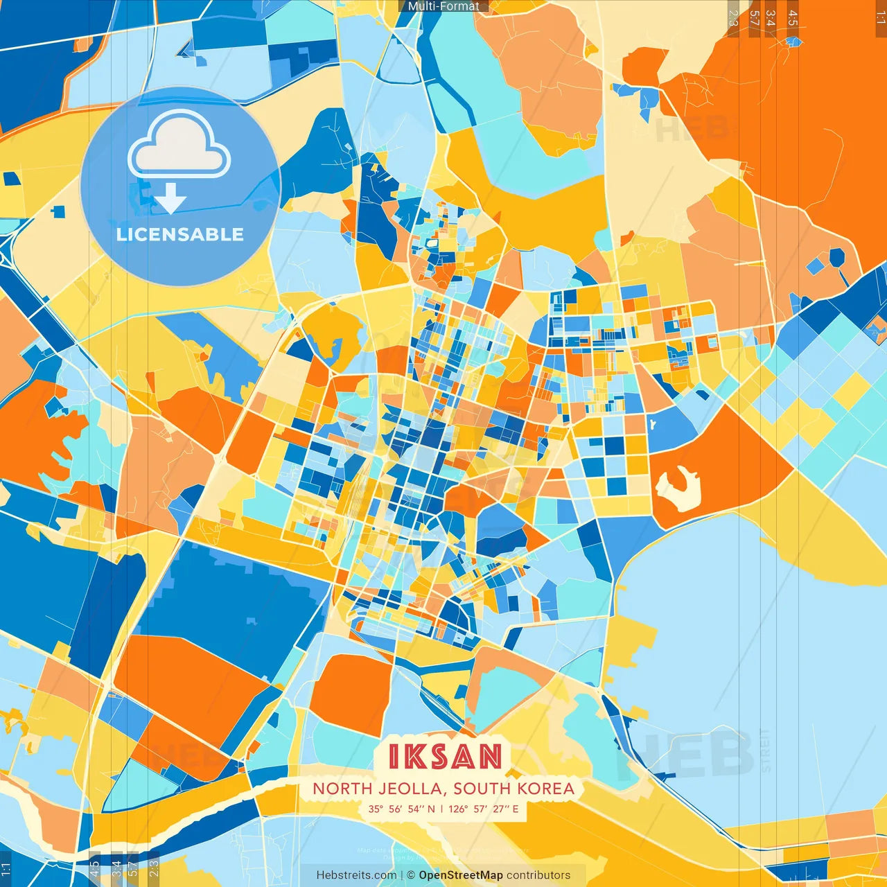 Iksan, North Jeolla, South Korea blue and orange vector art map template
