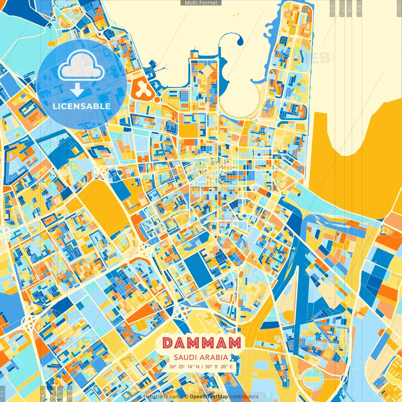 Dammam, Saudi Arabia blue and orange vector art map template