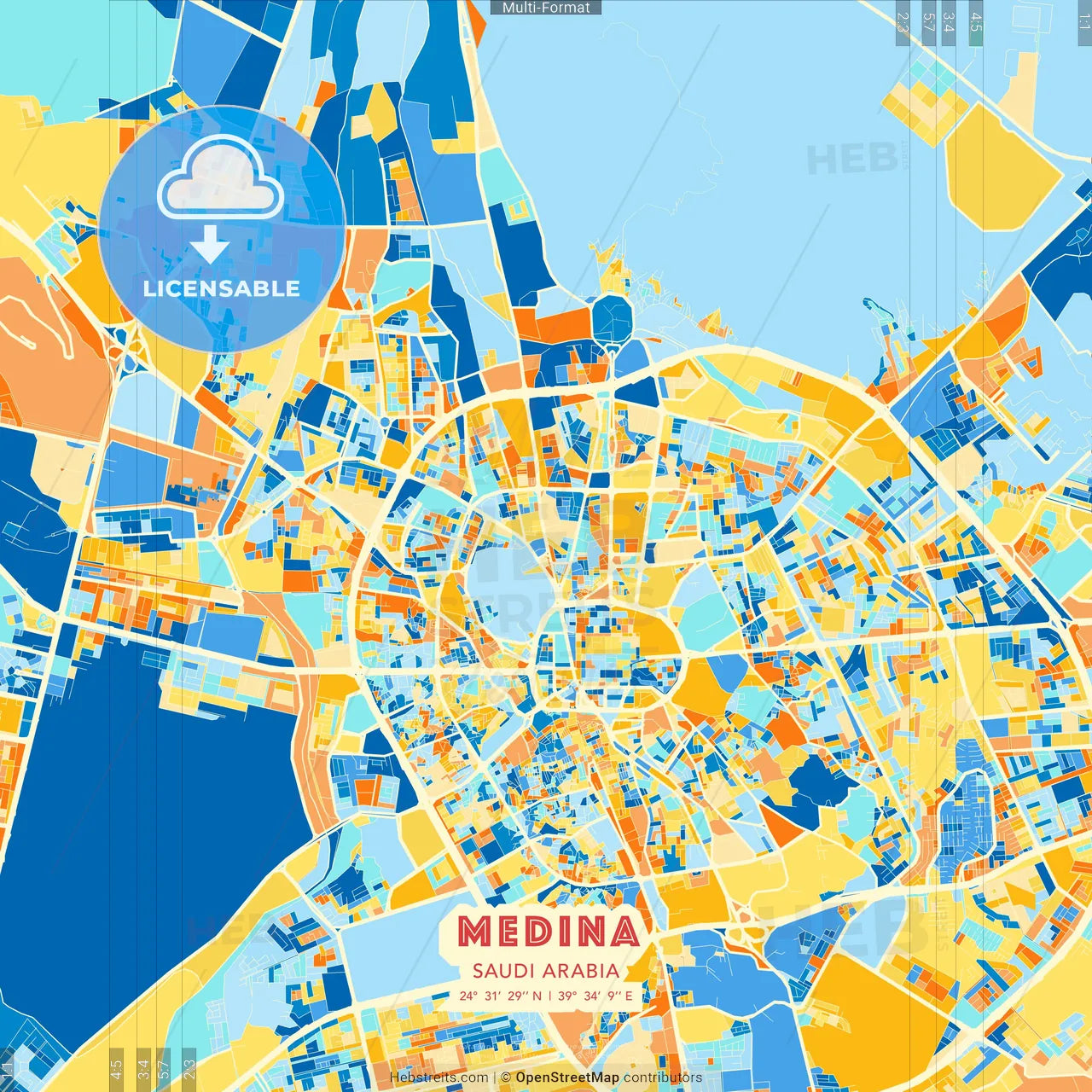 Medina, Saudi Arabia blue and orange vector art map template