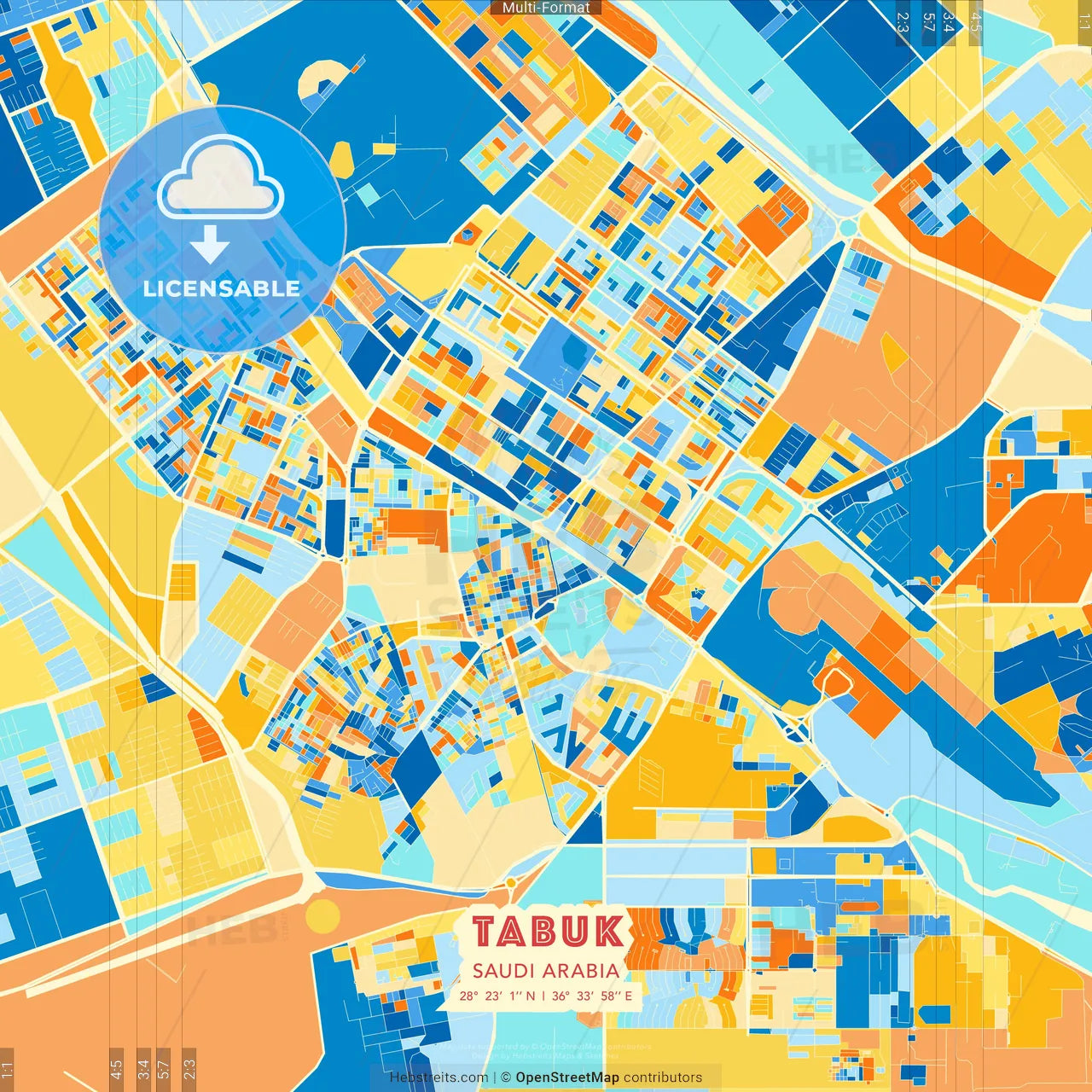Tabuk, Saudi Arabia blue and orange vector art map template