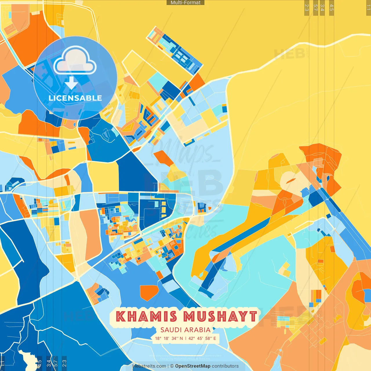 Khamis Mushayt, Saudi Arabia blue and orange vector art map template