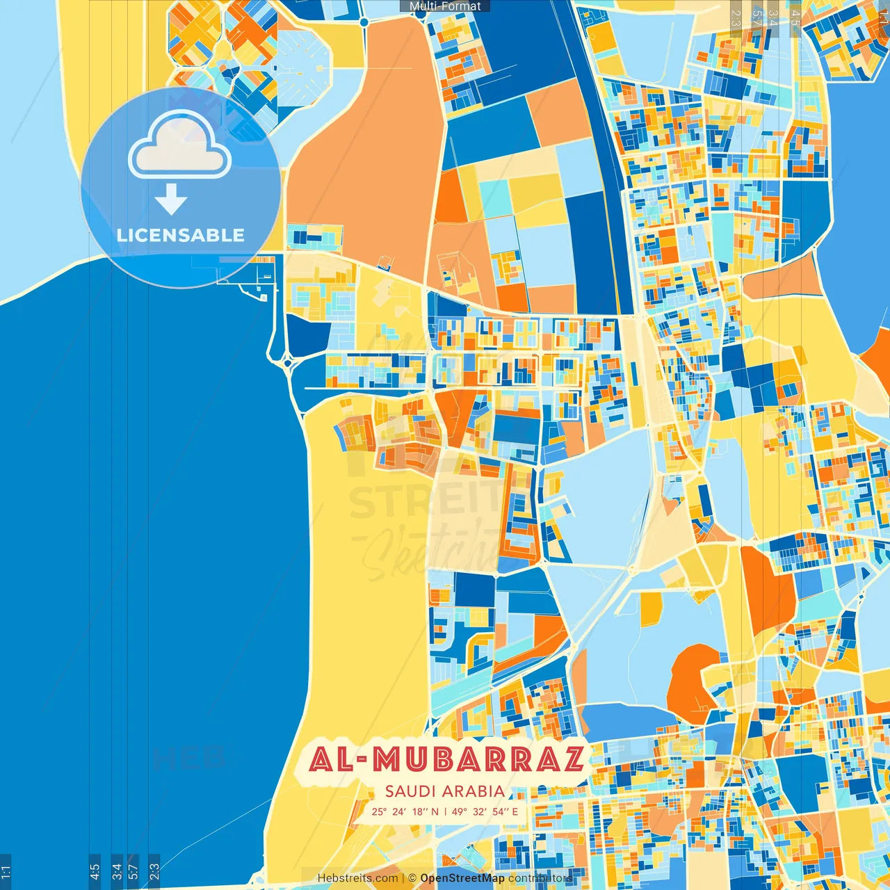 Al-Mubarraz, Saudi Arabia blue and orange vector art map template