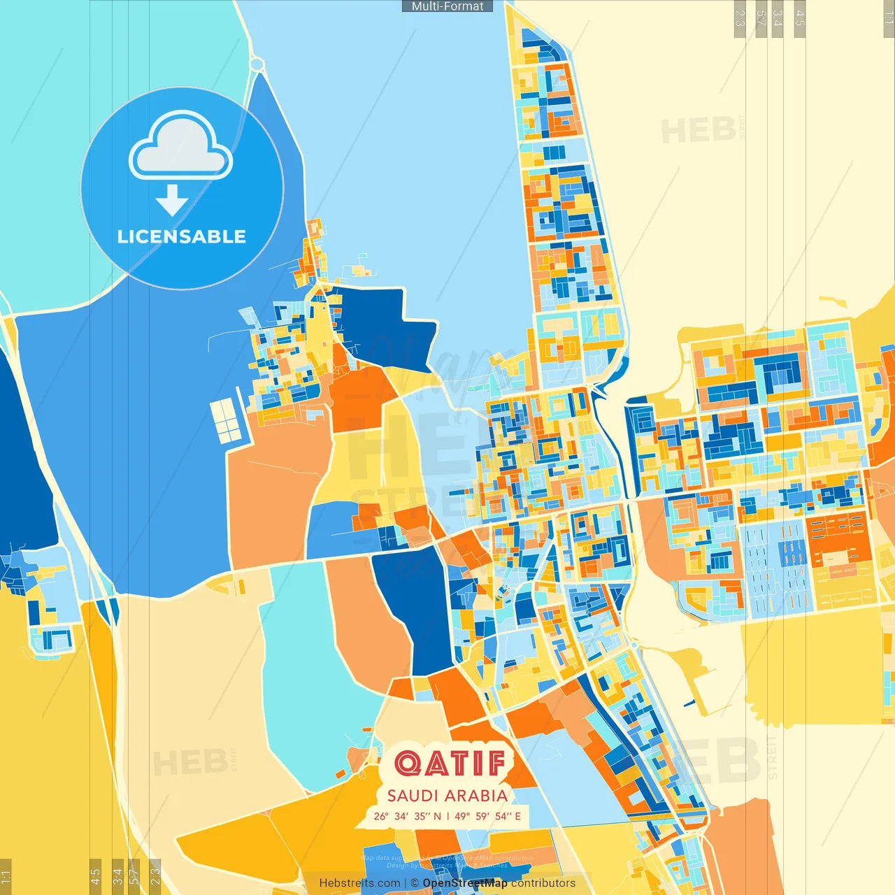 Qatif, Saudi Arabia blue and orange vector art map template