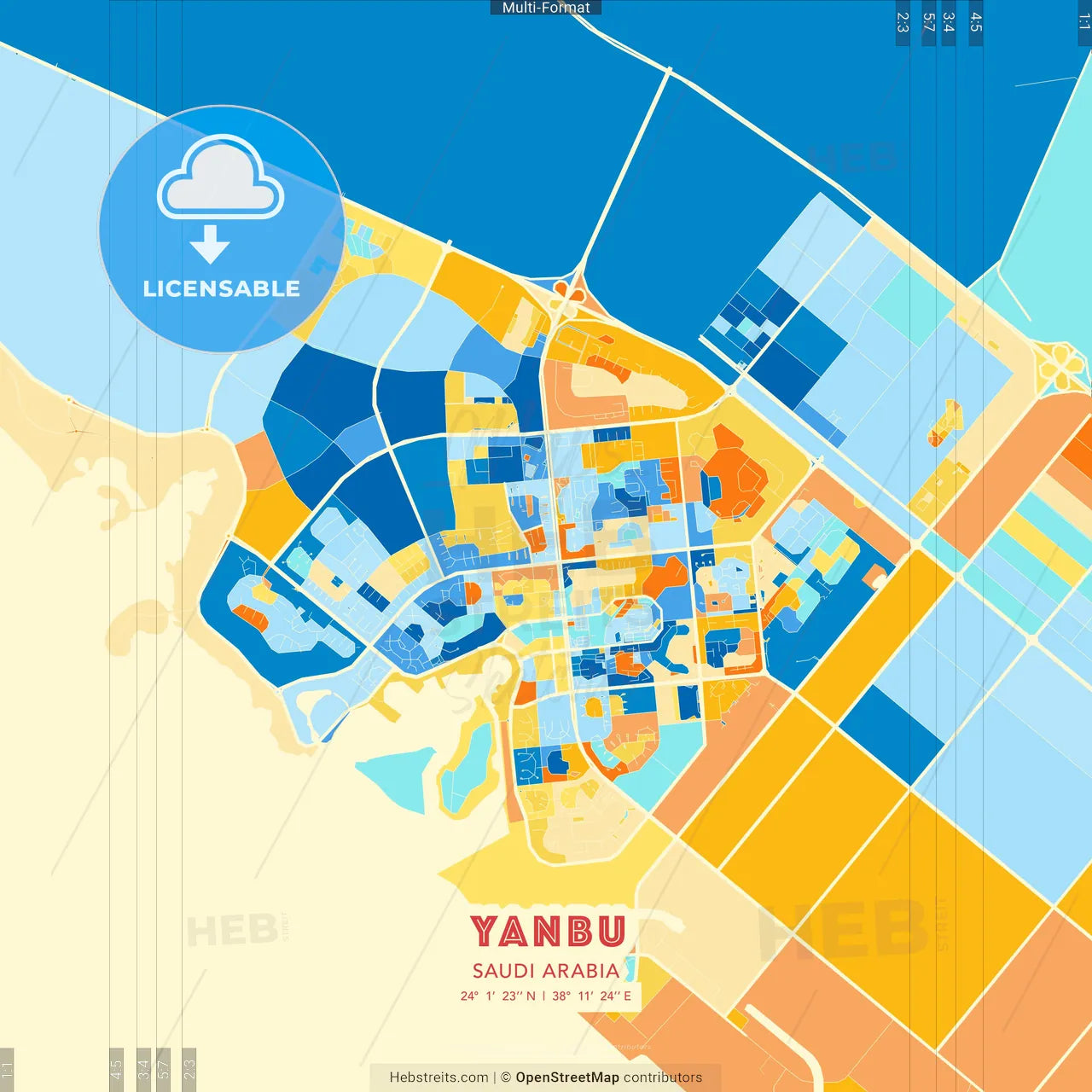Yanbu, Saudi Arabia blue and orange vector art map template