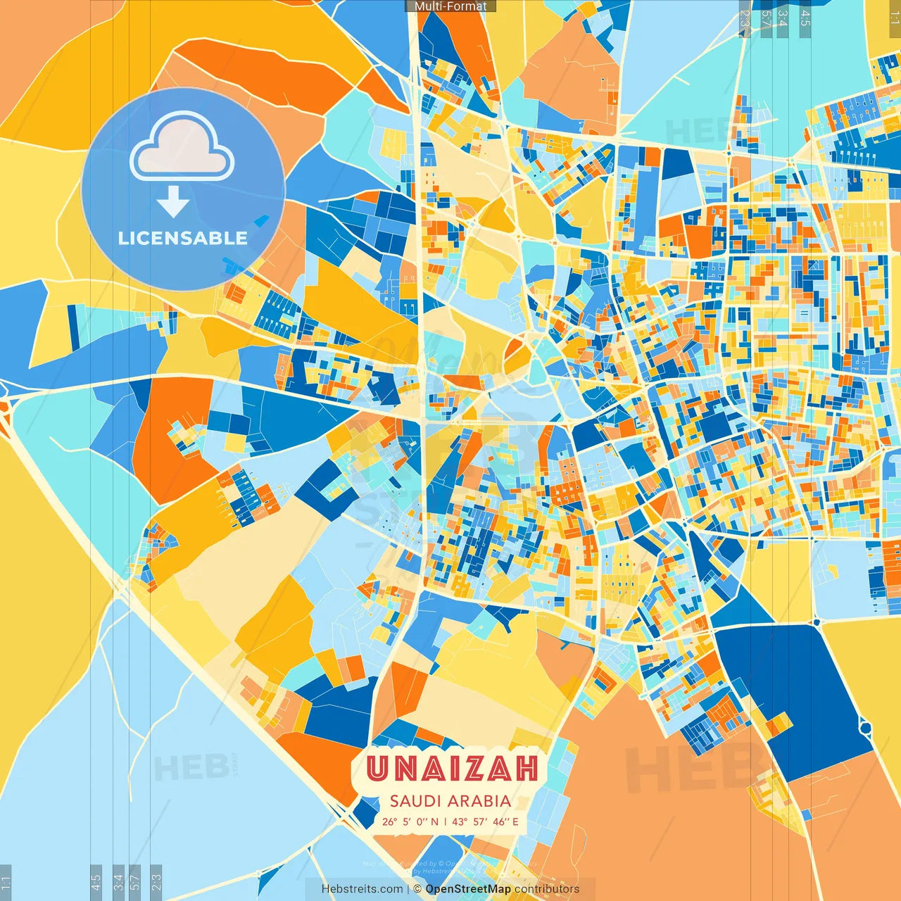 Unaizah, Saudi Arabia blue and orange vector art map template
