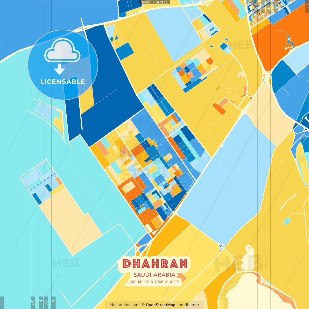 Dhahran, Saudi Arabia blue and orange vector art map template