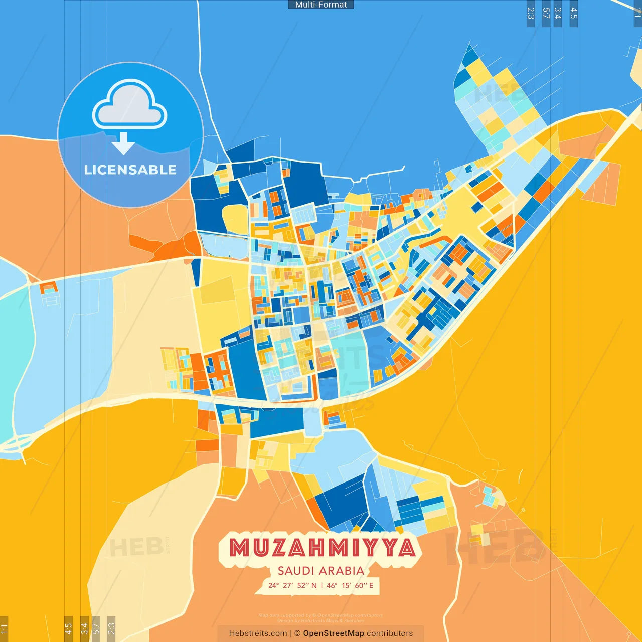 Muzahmiyya, Saudi Arabia blue and orange vector art map template
