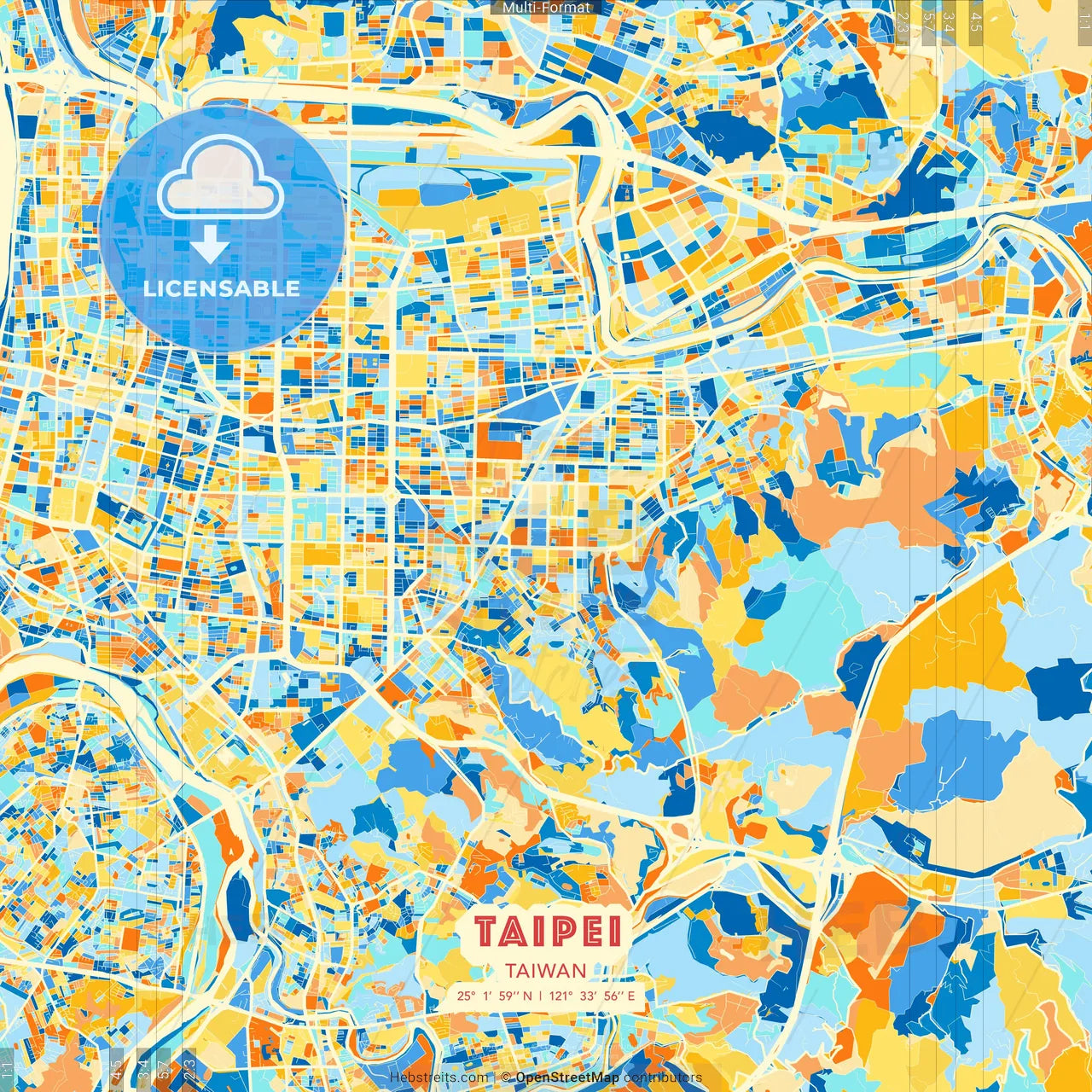 Taipei, Taiwan blue and orange vector art map template