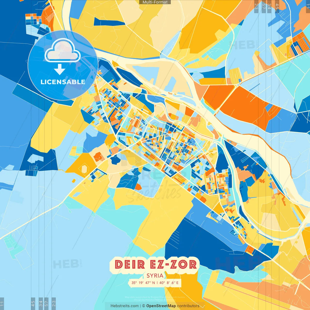 Deir ez-Zor, Syria blue and orange vector art map template