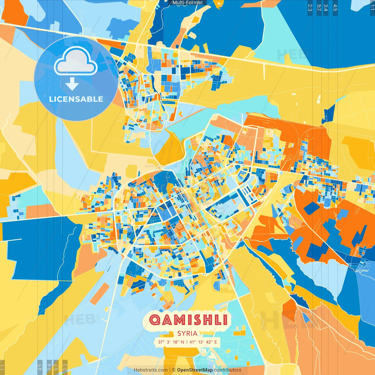 Qamishli, Syria blue and orange vector art map template
