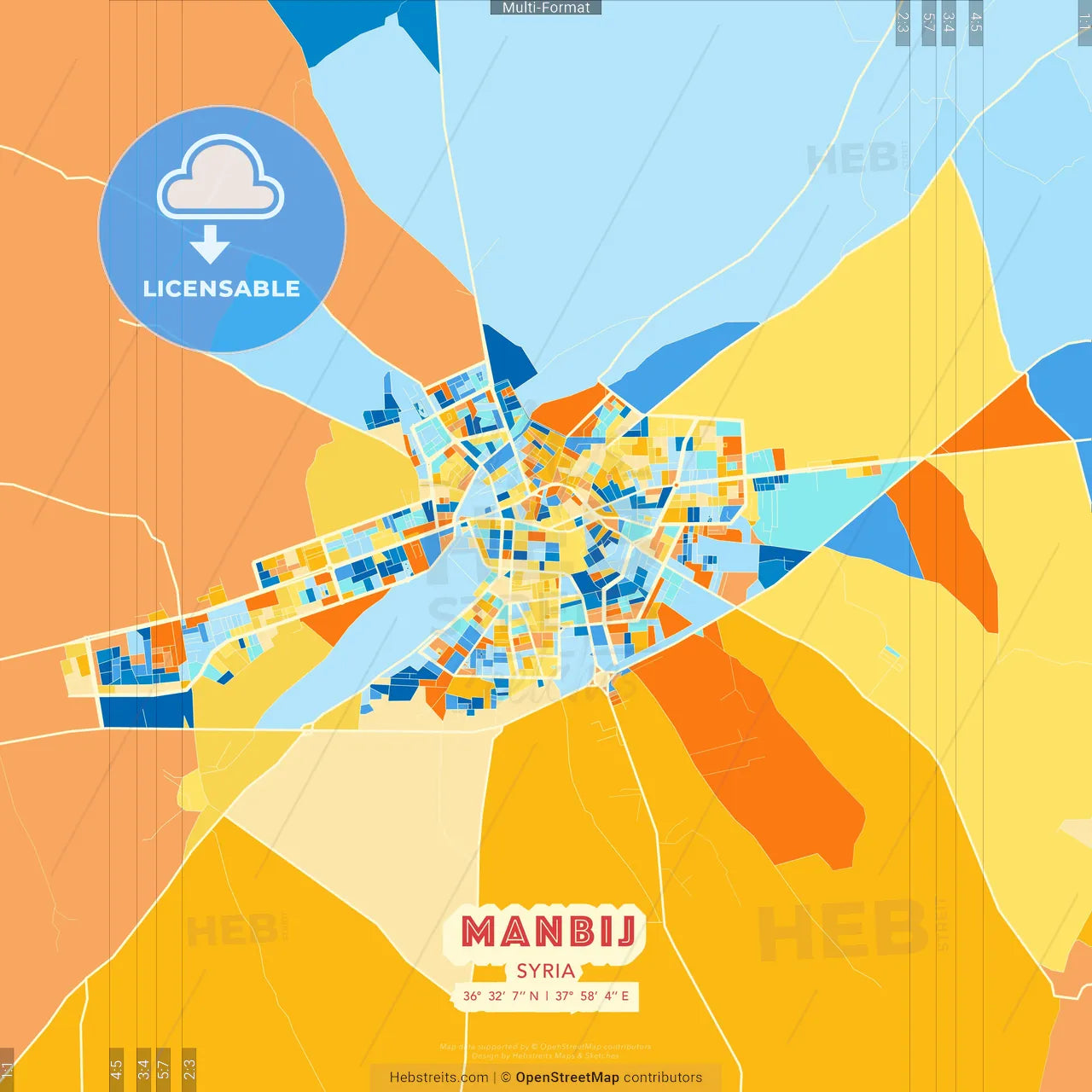 Manbij, Syria blue and orange vector art map template