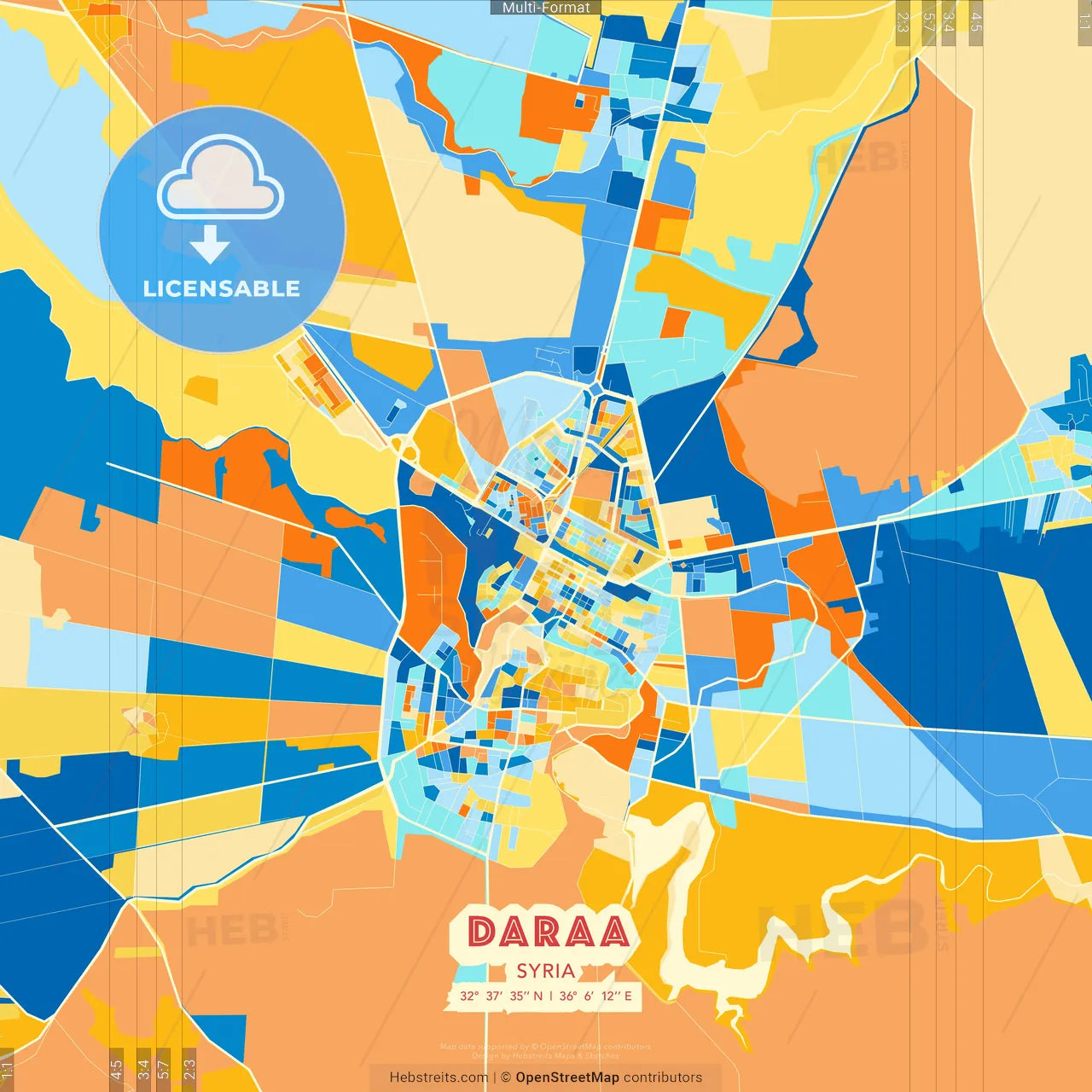 Daraa, Syria blue and orange vector art map template