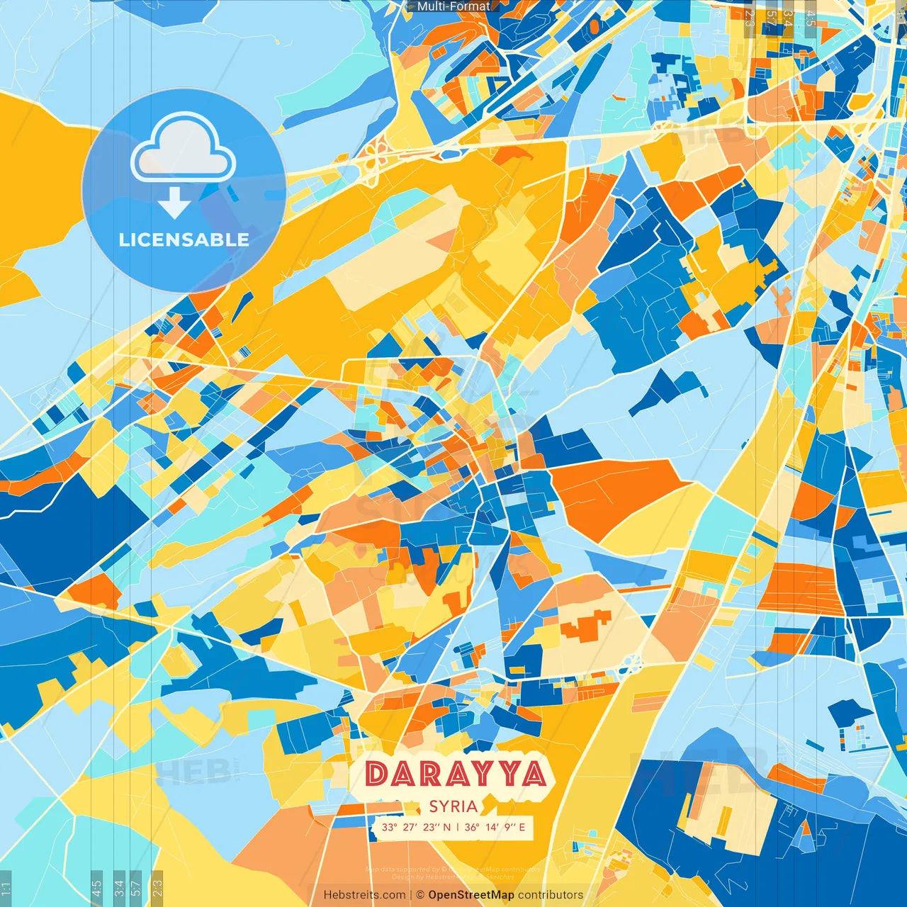 Darayya, Syria blue and orange vector art map template