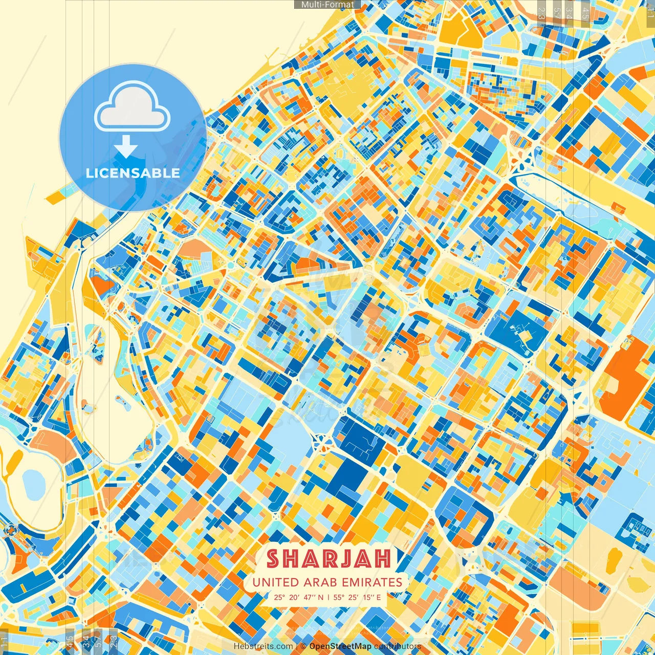 Sharjah , United Arab Emirates blue and orange vector art map template