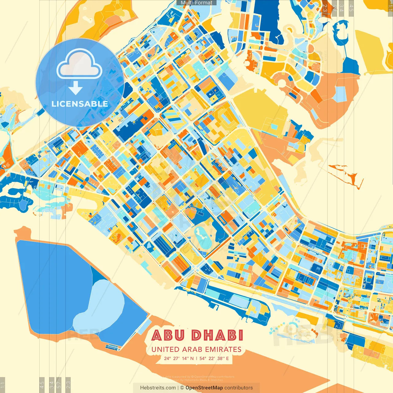 Abu Dhabi , United Arab Emirates blue and orange vector art map template