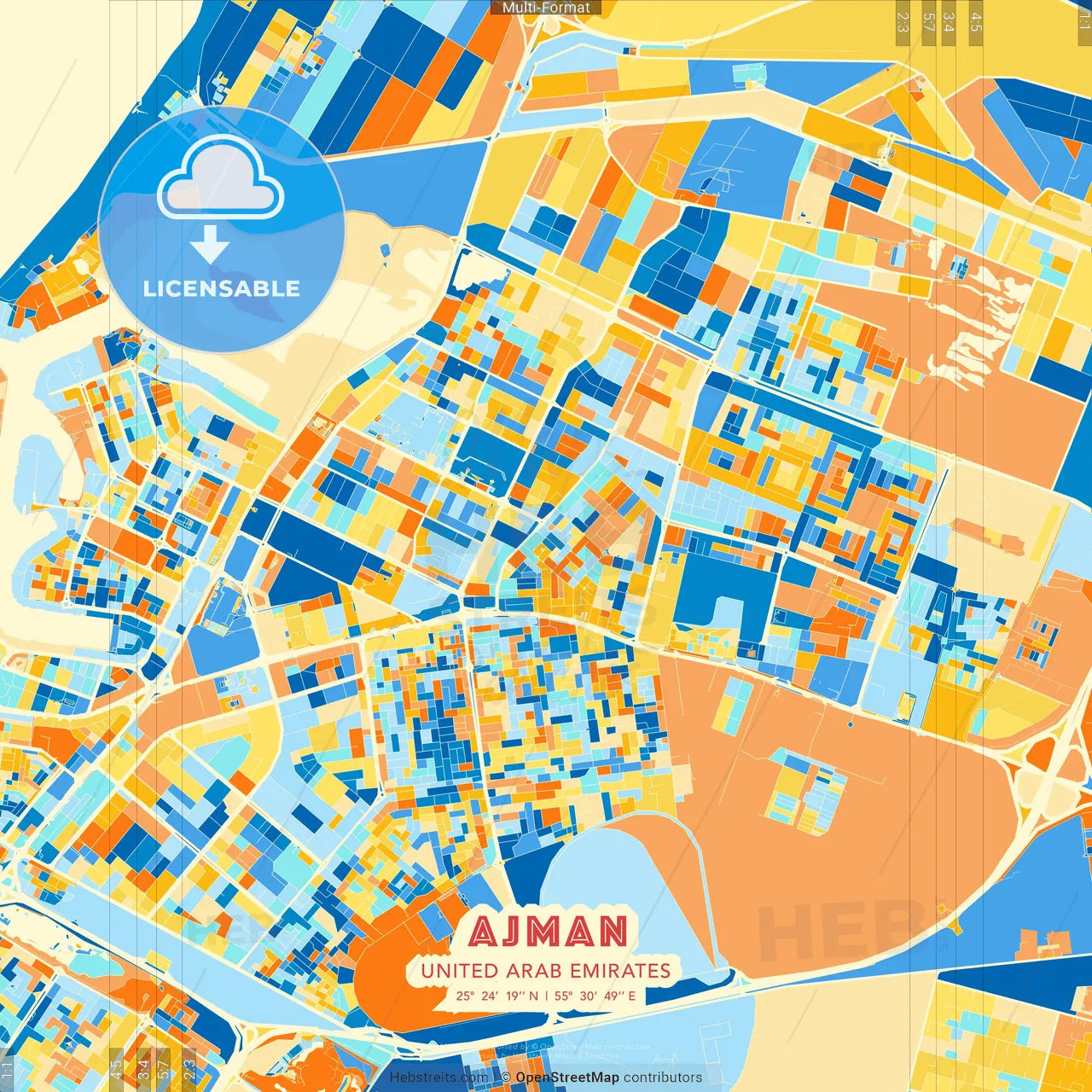 Ajman , United Arab Emirates blue and orange vector art map template